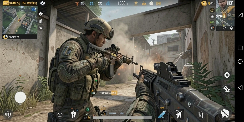 Screenshot utama ADAM77 menunjukkan aksi gameplay FPS yang intens.