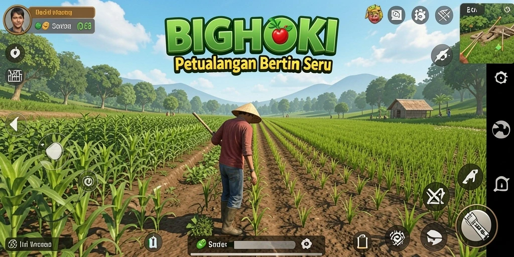 Screenshot gameplay menunjukkan aktivitas bertani di BIGHOKI.