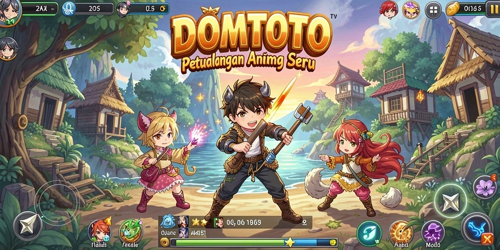 Screenshot menunjukkan pertarungan seru dalam DOMTOTO yang penuh warna.