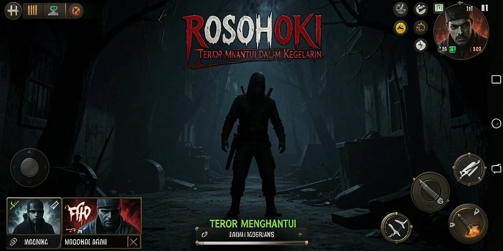 Tampilan gameplay <strong>ROSOHOKI</strong> yang menegangkan dan mencekam dalam suasana gelap.